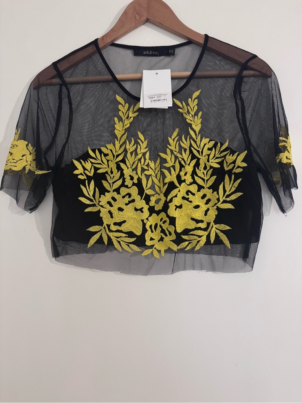 Ark & Co Black Sheer Crop Top with Yellow Floral Embroidery